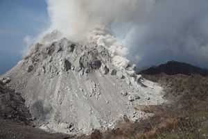 Small pyroclastic flow on flank of lava dome, Paluweh volcano
