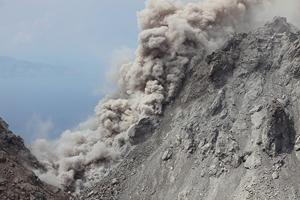 Small pyroclastic flow on flank of Rerombola lava dome, Paluweh volcano