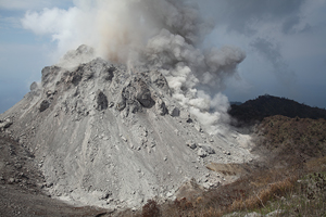 Ash cloud from small pyroclastic flow sweeping up flank of Rerombola lava dome, Paluweh volcano