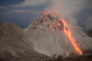 Incandescent rockfalls, Rerombola lava dome with Rokatenda dome to left, Paluweh volcano
