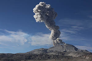 Tall ash cloud over Sabancaya Volcano, Peru