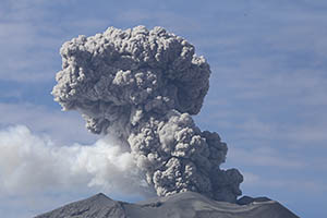 Mushroom-shaped ash cloud following eruption of Sabancaya volcano, Peru