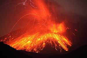 Nighttime eruption with lightning, Sakurajima volcano