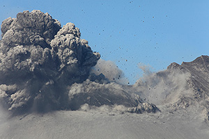 Sakurajima volcano, Japan, Explosive eruption with directed hail of volcanic bombs