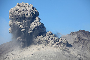 Sakurajima volcano, Japan, Explosive eruption with ash cloud and small pyroclastic flow