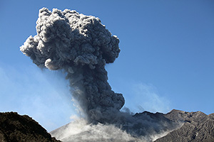 Mushroom shaped ash after eruption of Sakurajima volcano