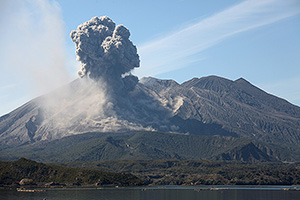 Sakurajima Island and volcano erupting