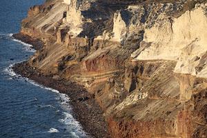 Minoan deposits overlaying phase 1 deposits, Cliffs of Cape Aspronisi, Thera, Santorini