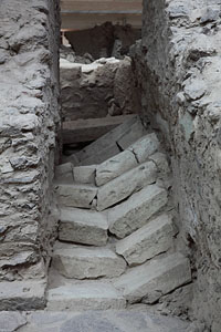 Earthquake damage, broken staircase, Akrotiri excavations, Thira, Santorini