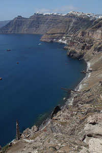 Fira pumice quarry, Piers for loading bilk carriers, Santorini caldera, Minoan eruption tuff deposits
