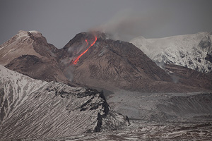 Glowing rockfall from lava dome of Shiveluch volcano, Kamchatka