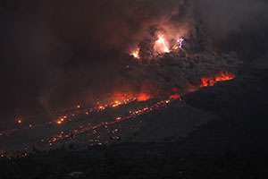 Pyroclastic flow with lightning, Gunung Sinabung Volcano