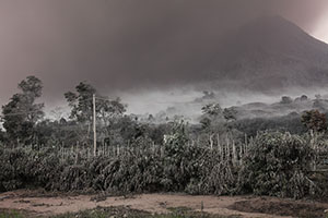 Ash falls and is remobilized by wind, Sinabung volcano
