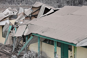 School roof collapsed by volcanic ash load, Sinabung Volcano