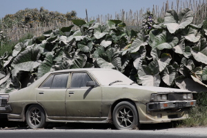 Volcanic ash on cars, Berestagi, Sinabung volcano