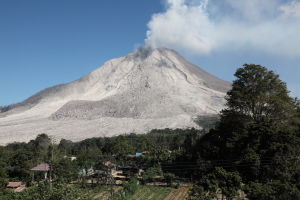 View of Sinabung volcano with large andesite lava flow