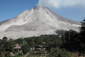 View of Sinabung volcano with large andesite lava flow