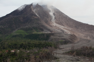 Evacuated village and Sinabung volcano
